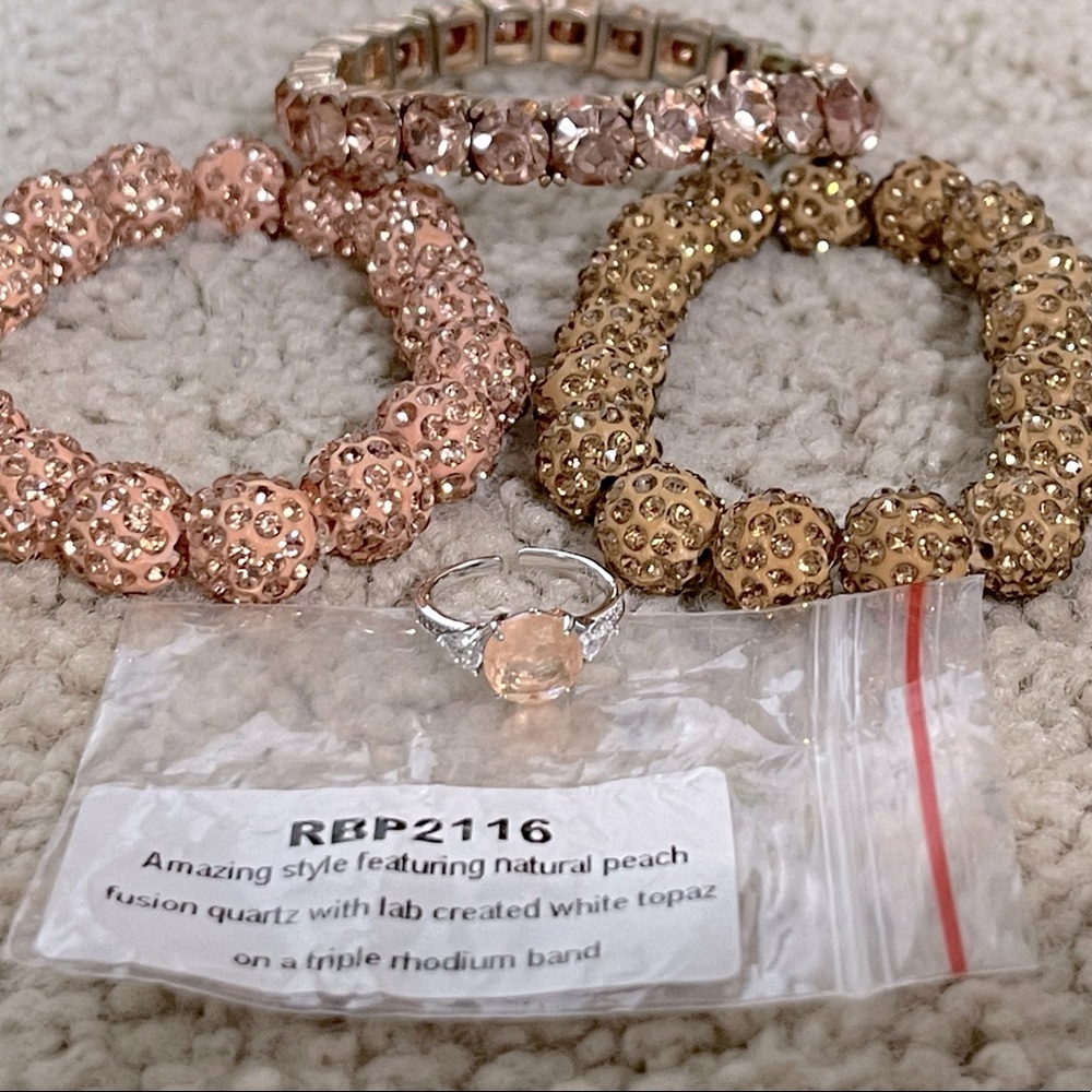 Pretty peachy sparkly set of 3 bracelets and 1 kids Bomb ring